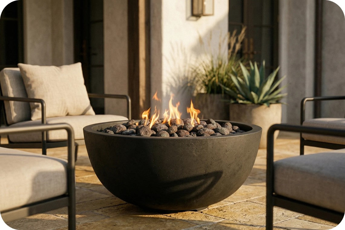 A round black outdoor fire pit bowl filled with dark stones and visible flames, placed on a patio between modern armchairs.
