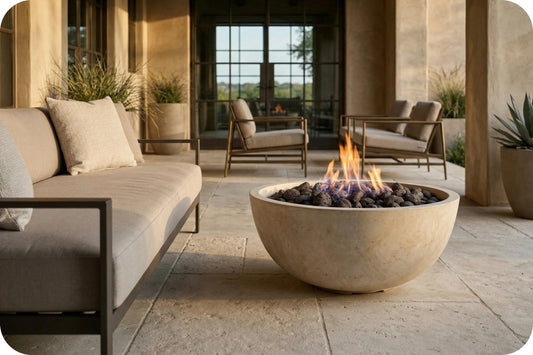 A round concrete fire pit bowl with a glowing flame and dark stones, placed on a stone patio in a modern outdoor living room setting with a sofa and chairs.