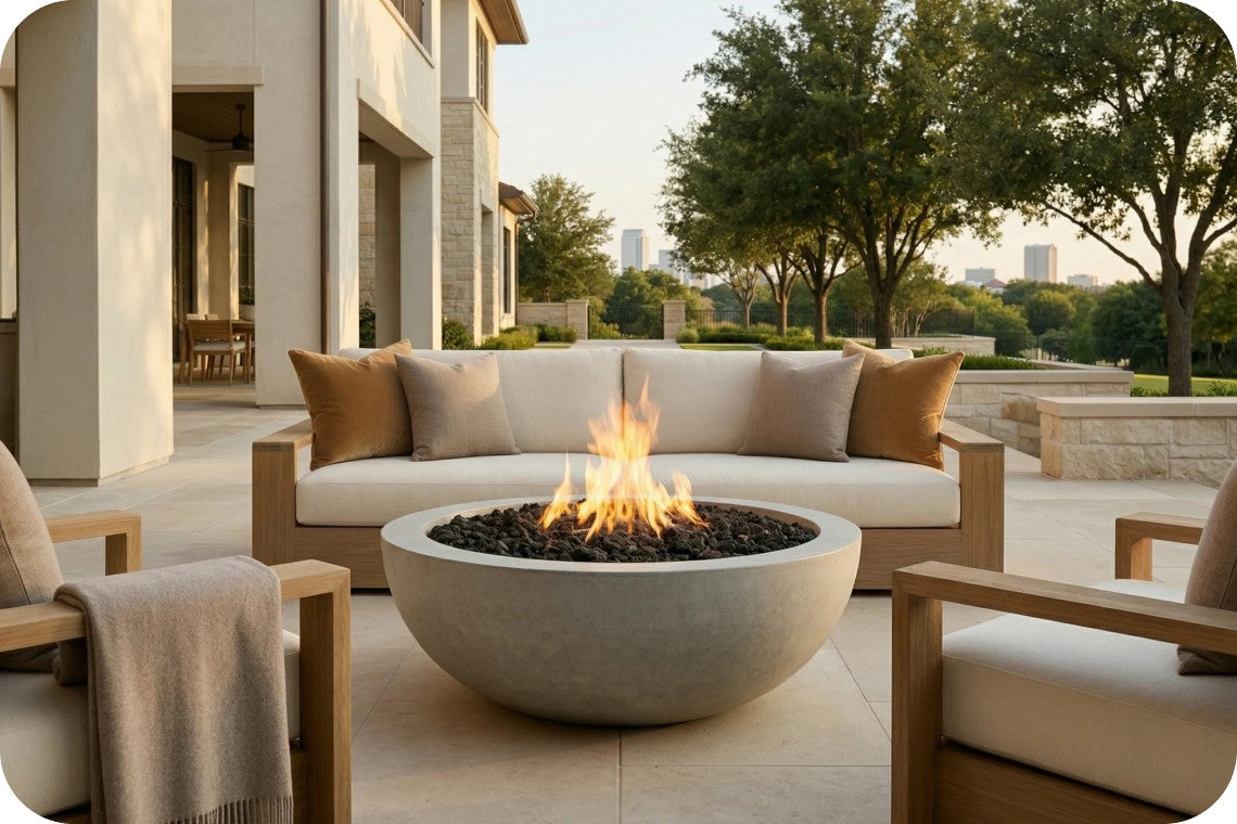 Outdoor patio furniture set with a round concrete fire pit bowl in the center, surrounded by a curved sofa and armchairs with beige cushions and light wood frames, set on a stone patio with trees and a house in the background.