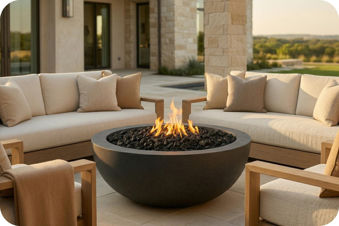 Outdoor round fire pit table with black fire rocks and active flames, centered between a curved light beige sectional sofa with wooden arms on a patio.