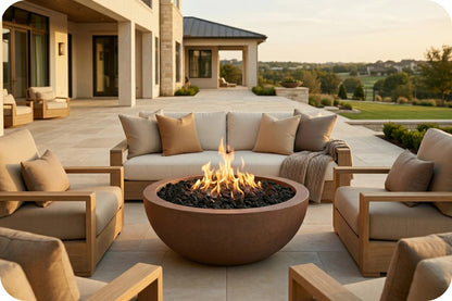 Outdoor patio furniture set with a round brown fire pit in the center, surrounded by beige cushioned lounge chairs and a matching sofa, with a house and landscaped yard in the background.