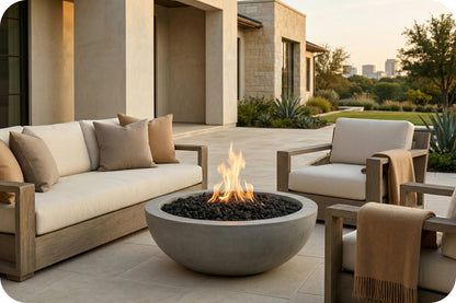 Outdoor patio furniture set with a round concrete fire pit bowl containing black stones and a visible flame, surrounded by a light wood sofa and armchairs with cream cushions on a stone patio.