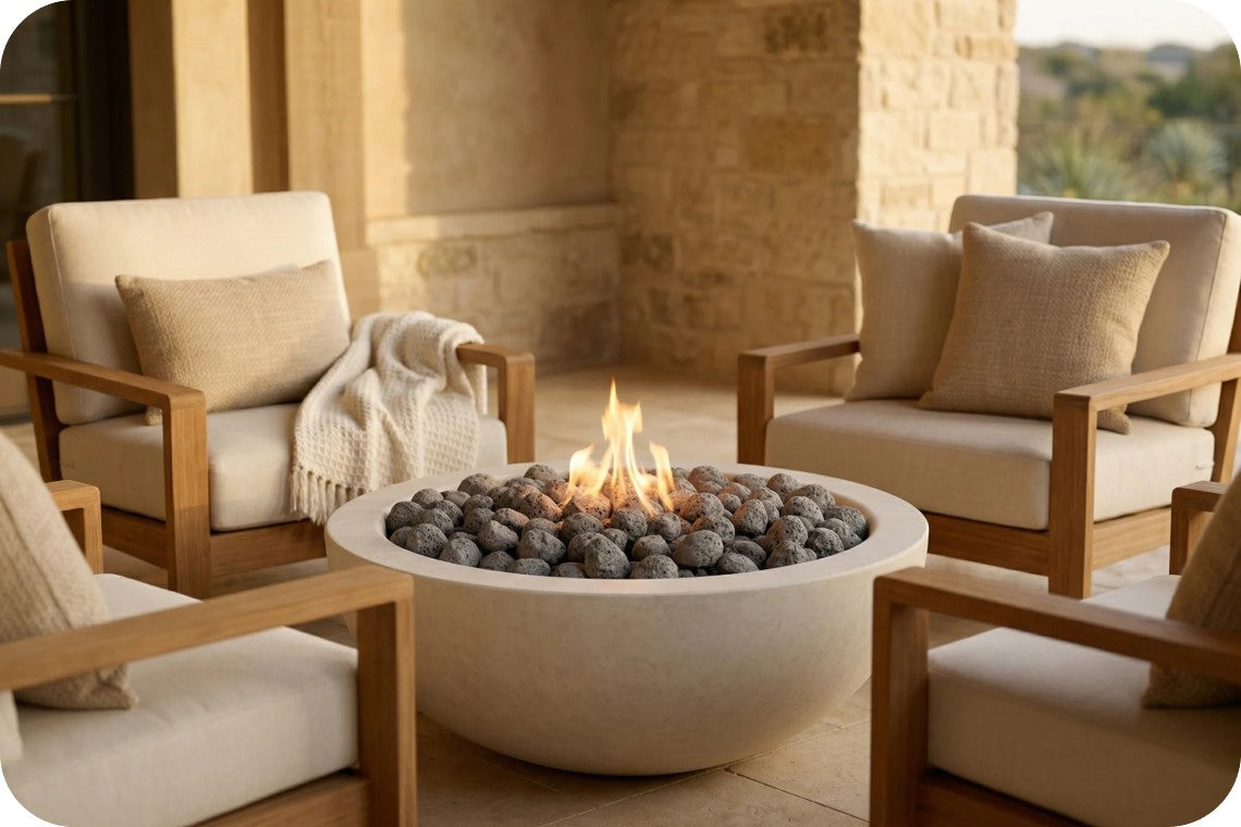 Outdoor patio conversation set featuring a round concrete fire pit with a live flame and dark river rocks, surrounded by four wooden armchairs with beige cushions and a throw blanket.