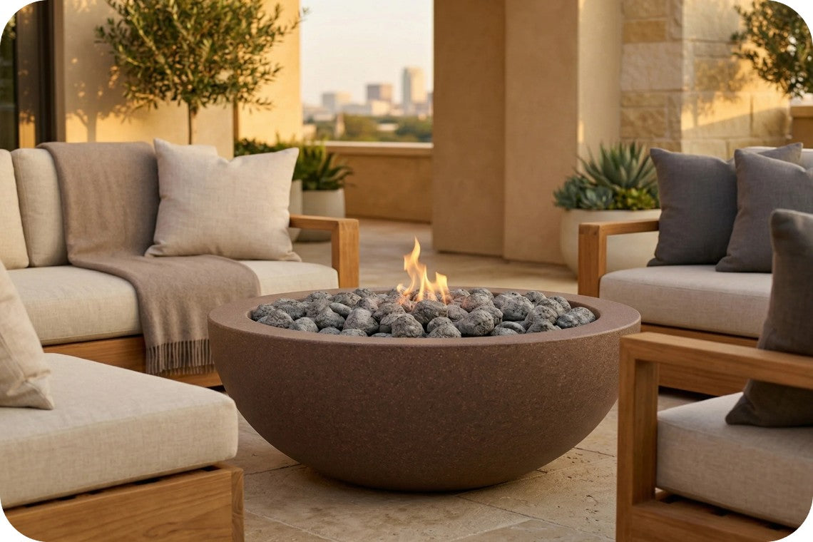 A round outdoor fire pit with gray stones and a visible flame, centered between beige and gray patio sofas on a stone patio at sunset.