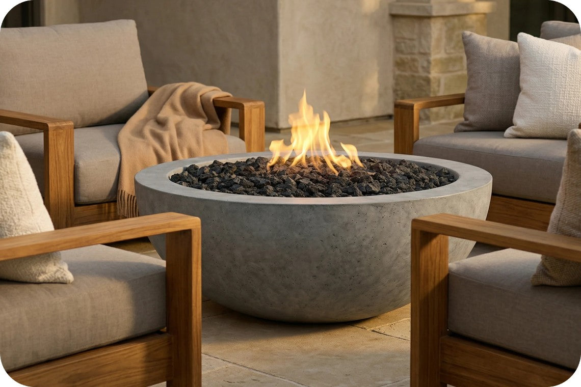 A round concrete fire pit with black stones and a visible flame, placed outdoors between upholstered wooden patio chairs with beige cushions and a draped throw blanket.