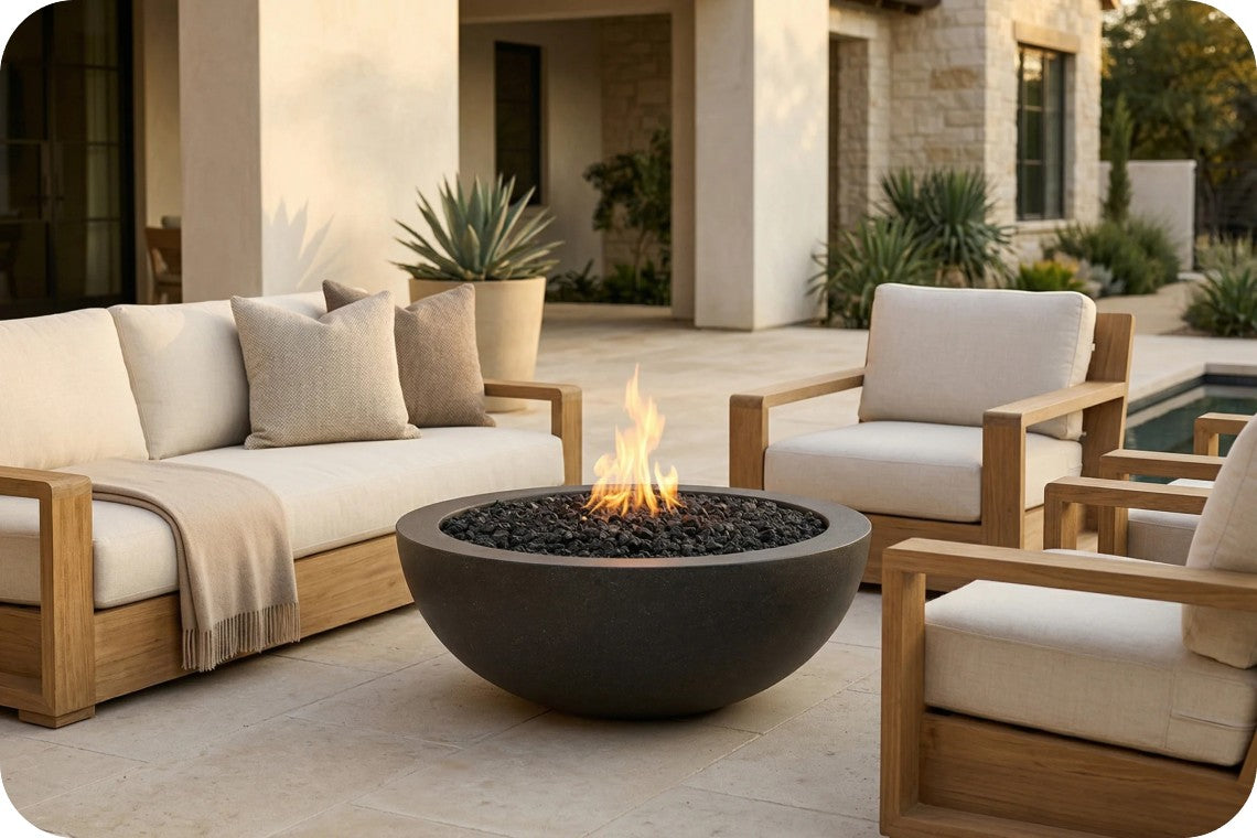 Outdoor patio furniture set with a round dark fire pit bowl in the center, flanked by two light wood armchairs and a matching sofa with cream cushions, in front of a modern house.