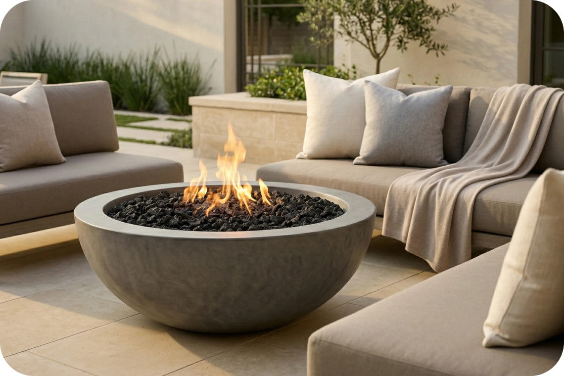 A round concrete fire pit table with black fire rocks and visible flames, placed in an outdoor patio setting between beige sectional sofas with pillows and a throw blanket.