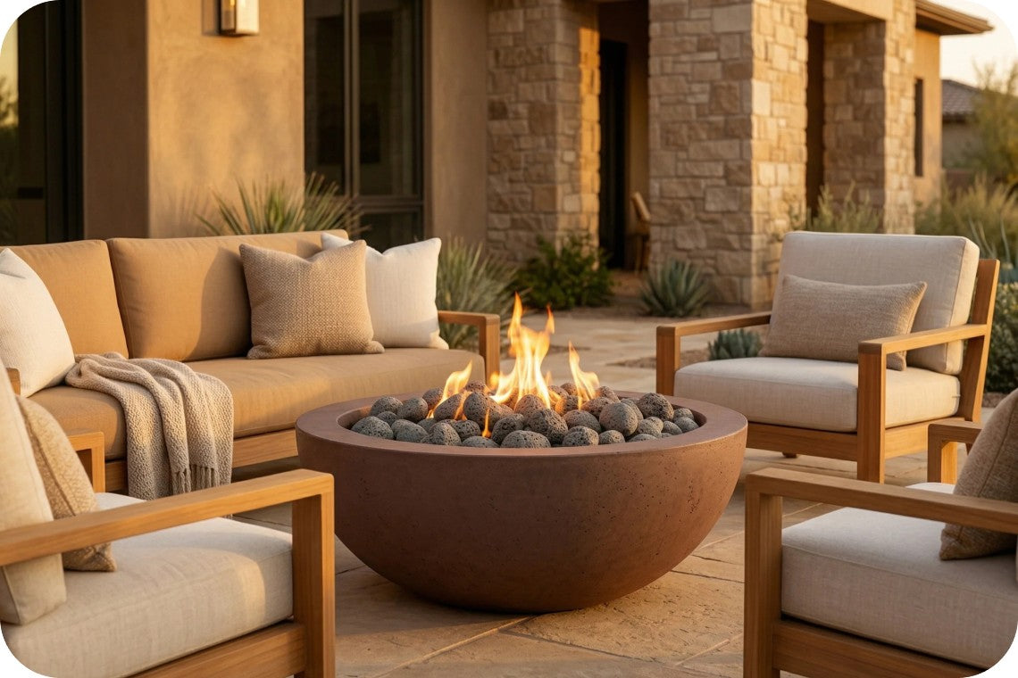 Outdoor patio fire pit table with a glowing fire and gray stones, surrounded by wooden armchairs and a beige sofa in a modern home setting at sunset.
