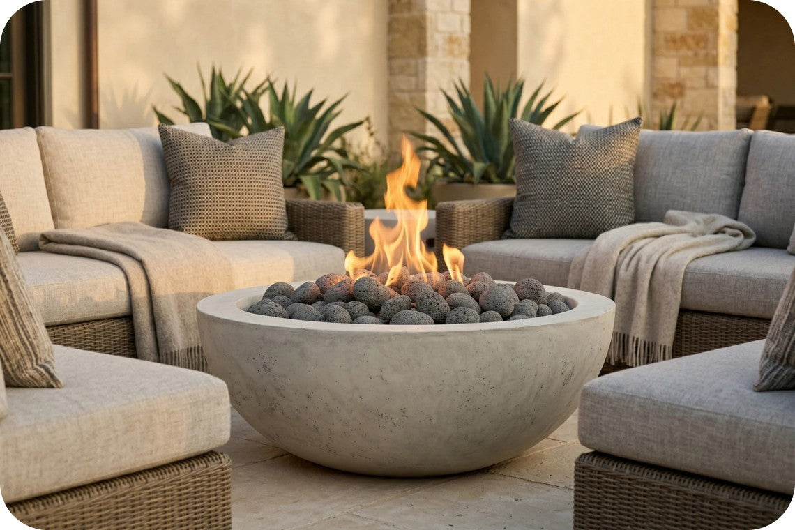 A round concrete fire pit bowl filled with dark river rocks and lit flames, placed in the center of a patio seating area with light gray sectional sofas and neutral throw blankets.