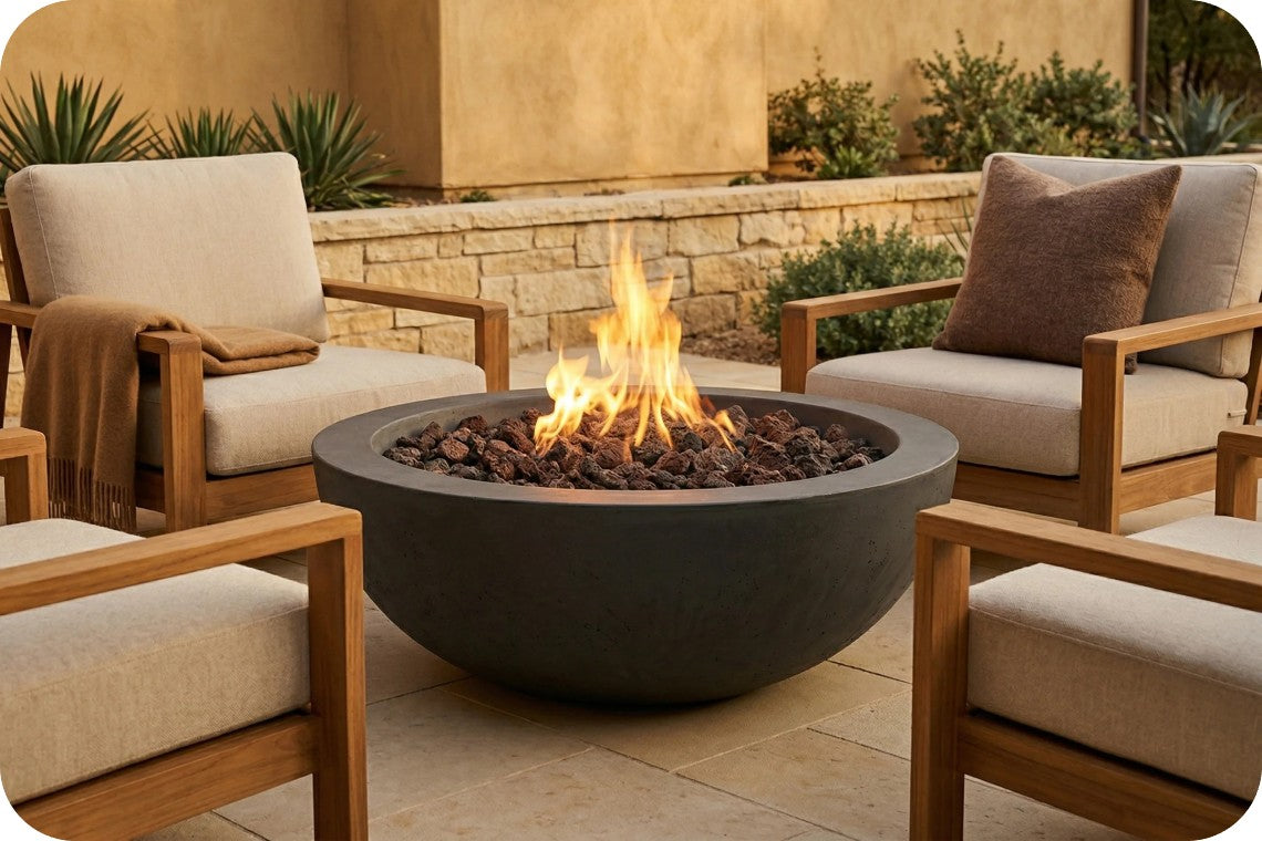 A round dark gray fire pit bowl with active orange flames and black lava rocks, surrounded by four outdoor patio armchairs with beige cushions and wooden frames on a stone patio.