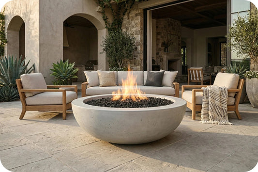 Outdoor patio fire pit with a large round concrete bowl, black fire rocks, and a visible flame, surrounded by a light beige sofa, two wooden armchairs with beige cushions, and a throw blanket in a stone patio courtyard.