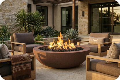 Outdoor patio scene with a round brown fire pit bowl filled with black stones and active orange flames, surrounded by wooden armchairs with taupe cushions and pillows in front of a stone house.