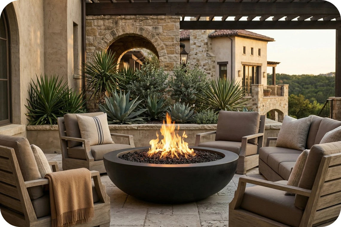 Outdoor patio scene with a round black fire pit table in the center, surrounded by cushioned wooden lounge chairs and a sofa. The setting includes stone walls, plants, and a pergola at dusk.