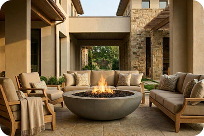 Outdoor patio furniture set with a round concrete fire pit in the center, surrounded by beige cushioned sofas and wooden armchairs on a stone patio in a modern courtyard setting.