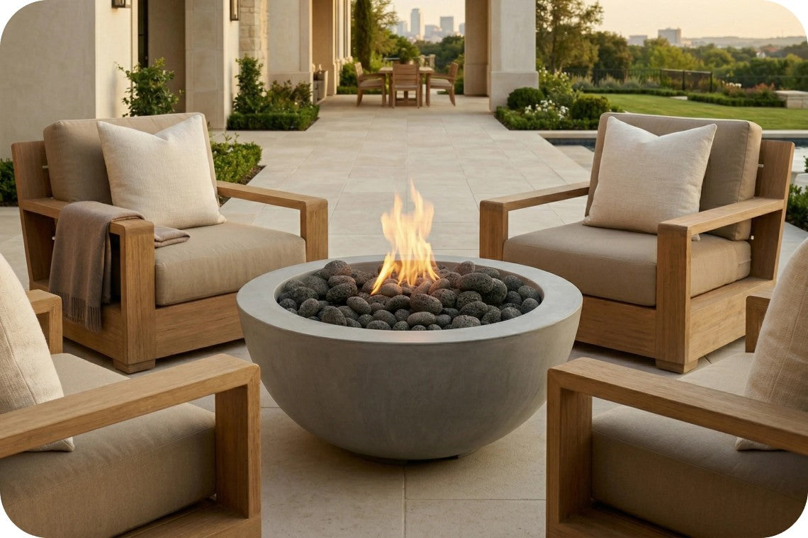 Outdoor patio conversation set featuring a round concrete fire pit bowl with active flames and dark river rocks, surrounded by four light wood armchairs with beige cushions.