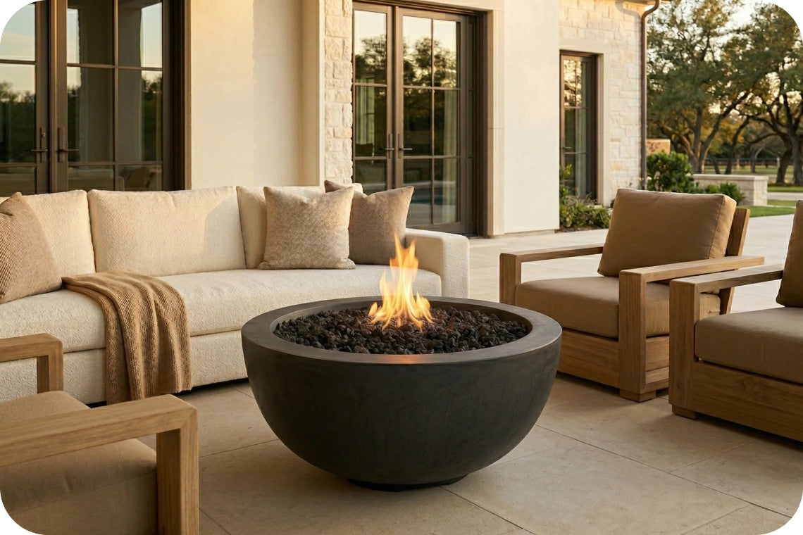 A round dark gray concrete fire pit with a live flame, set on a patio between a cream sectional sofa and wooden armchairs.