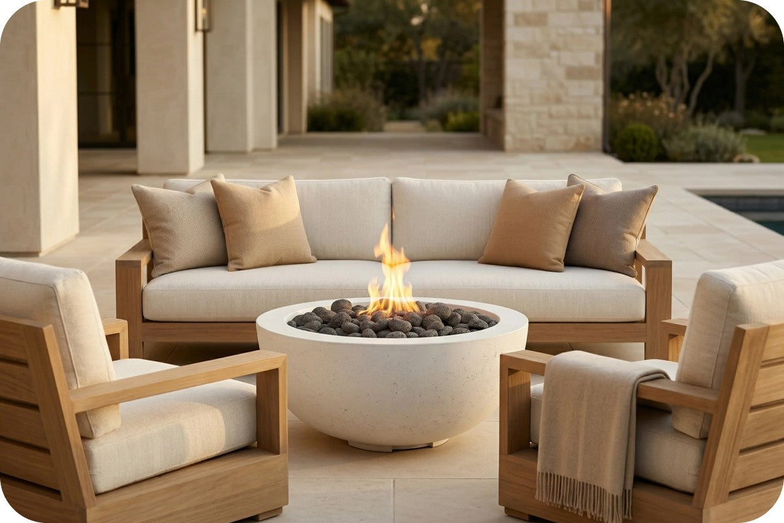 Outdoor patio conversation set with a curved light beige cushioned sofa, two matching wooden armchairs with cream cushions, and a round white fire pit table with a visible flame and dark stones, set in a modern patio environment.