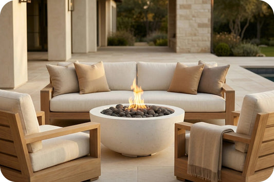 Outdoor patio conversation set with a curved light beige cushioned sofa, two matching wooden armchairs with cream cushions, and a round white fire pit table with a visible flame and dark stones, set in a modern patio environment.