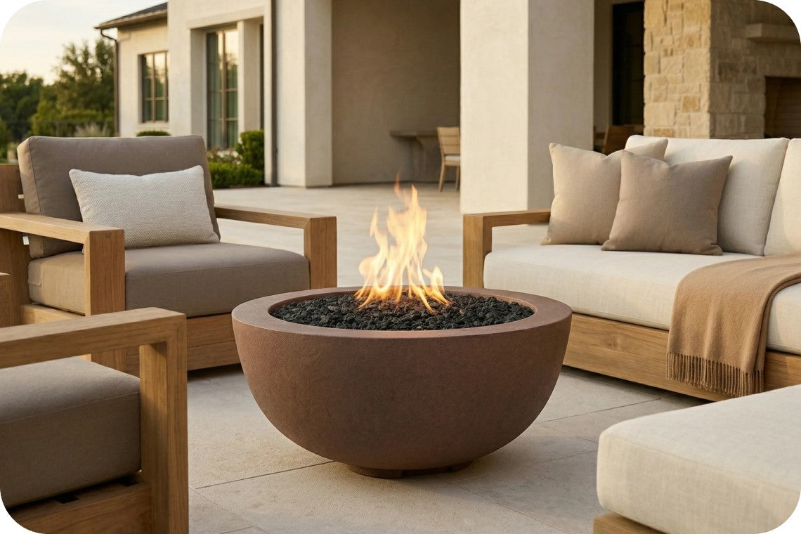 A round outdoor fire pit with a glowing flame, filled with dark stones, placed in the center of a patio seating area with wooden-framed chairs and a sofa.