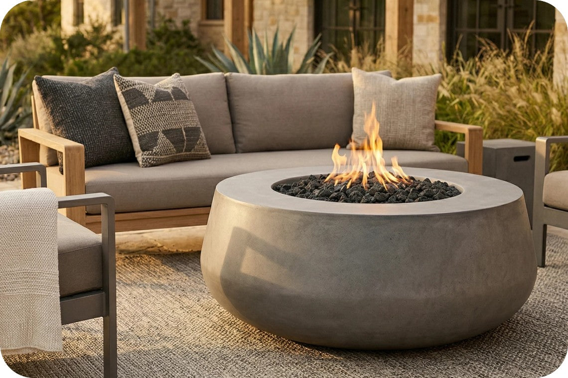 Outdoor patio furniture set featuring a round concrete fire pit table with a lit flame, a gray upholstered sofa with wooden arms, and matching chairs in a garden setting.