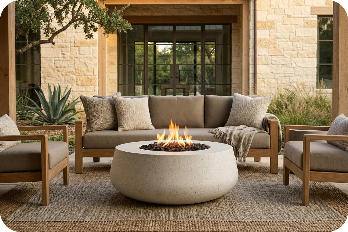 Outdoor patio furniture set featuring a round concrete fire pit table with a lit flame, a gray upholstered sofa with wooden arms, and matching chairs in a patio setting.