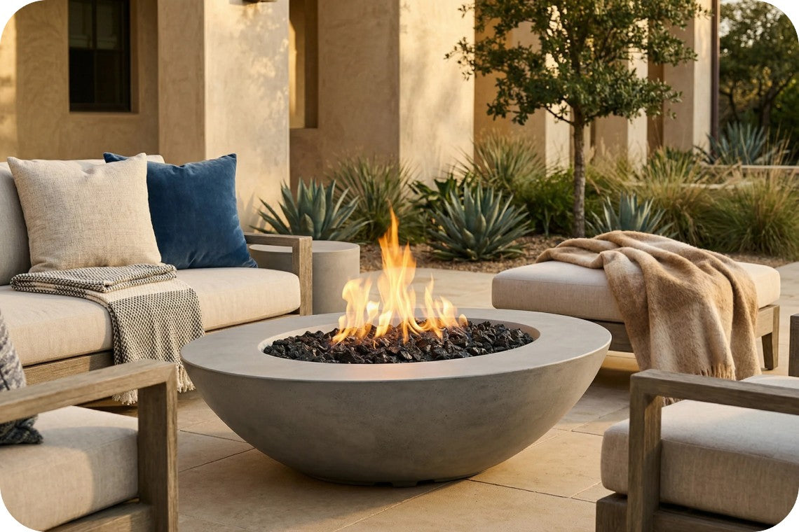 A round concrete fire pit with active orange flames burning over black stones, situated in an outdoor patio setting with beige and blue cushions, a throw blanket, and a modern architectural background.