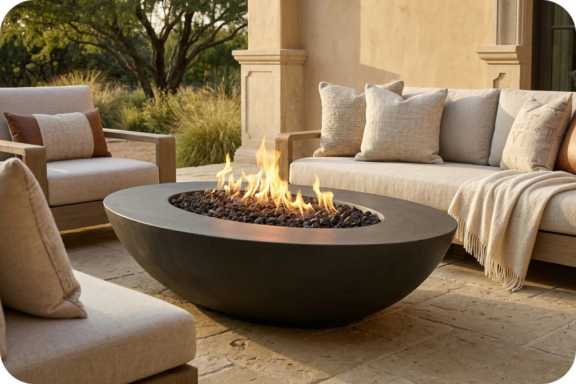 A round dark charcoal fire pit table with active flames and black river rocks, set on a stone patio between beige outdoor lounge chairs and a sofa with neutral-toned cushions.