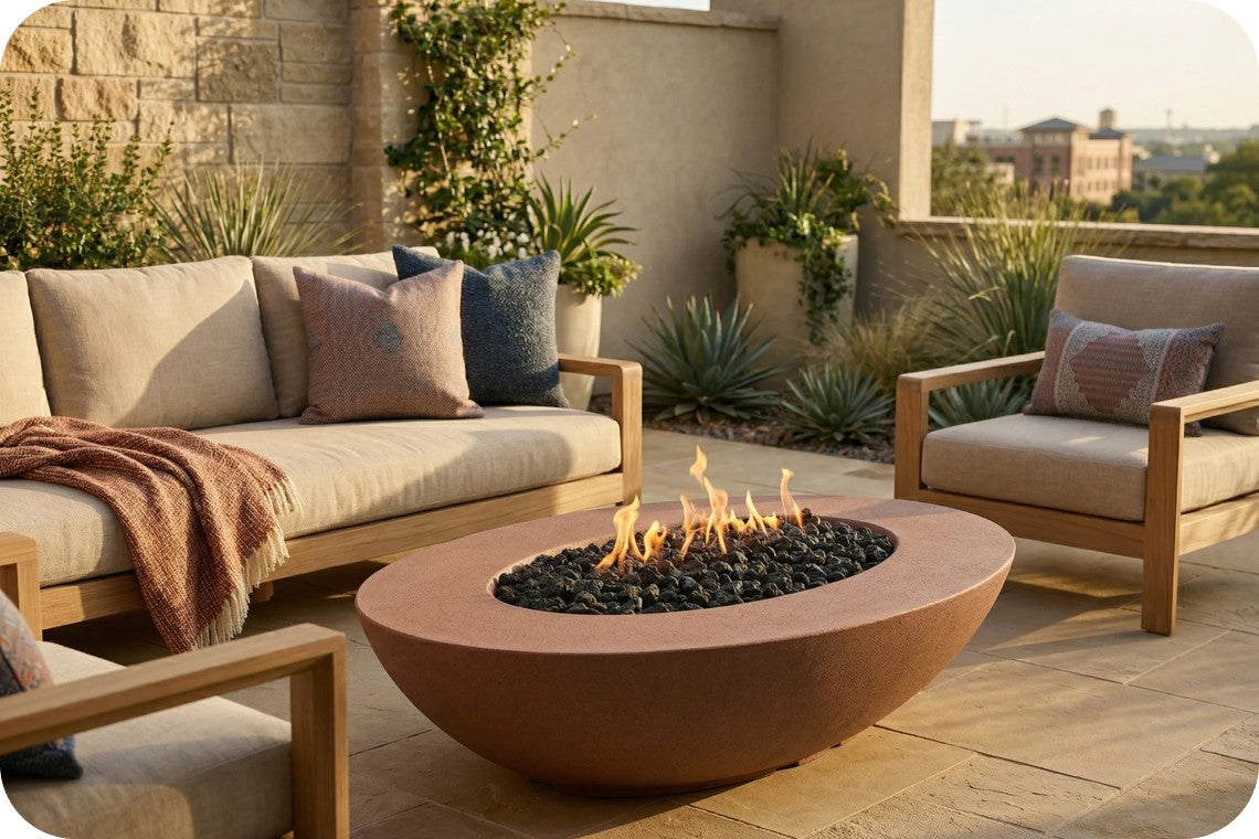 Outdoor patio furniture set with a round terracotta fire pit in the center, a beige cushioned sofa, and two matching armchairs on a stone-tiled terrace.