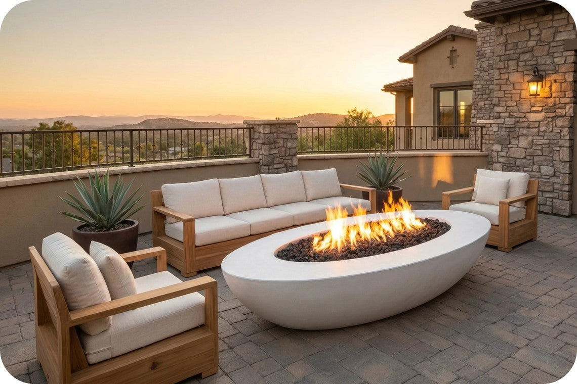 Outdoor patio furniture set with a white oval fire pit table, a wooden three-seat sofa, and two matching armchairs with cream cushions, arranged on a stone patio at sunset with a house and hills in the background.
