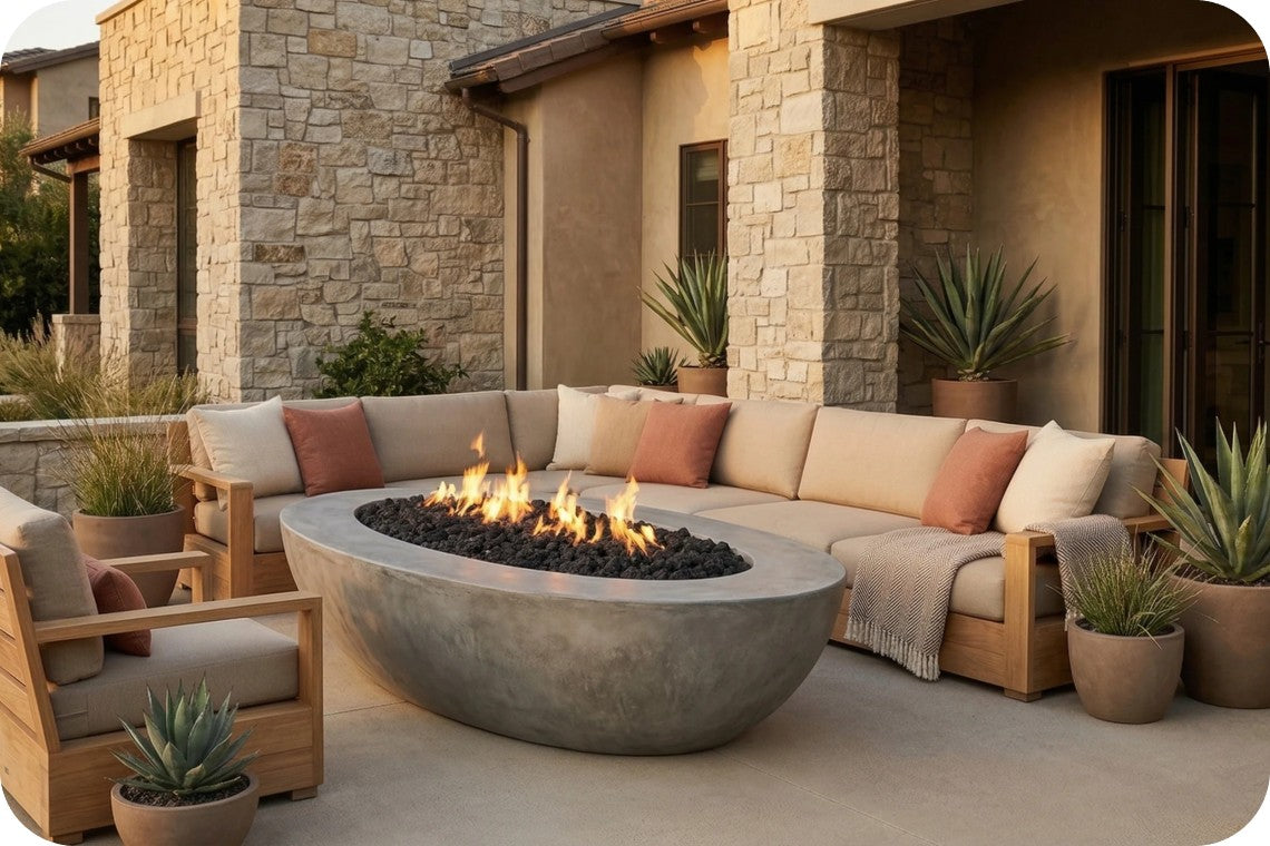 Outdoor patio furniture set featuring a round concrete fire pit with active flames, surrounded by a curved sectional sofa and matching armchairs with beige cushions and rust-colored pillows, set against a modern stone and stucco house.