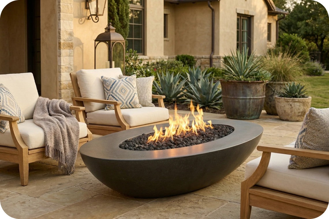 A modern oval fire pit with black stones and visible flames, placed on a stone patio in an outdoor patio setting with wooden lounge chairs and potted plants.