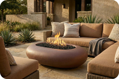 Outdoor patio furniture set with a round brown fire pit table in the center, surrounded by tan sectional cushions, woven wicker seating, and a stone patio in front of a modern house.