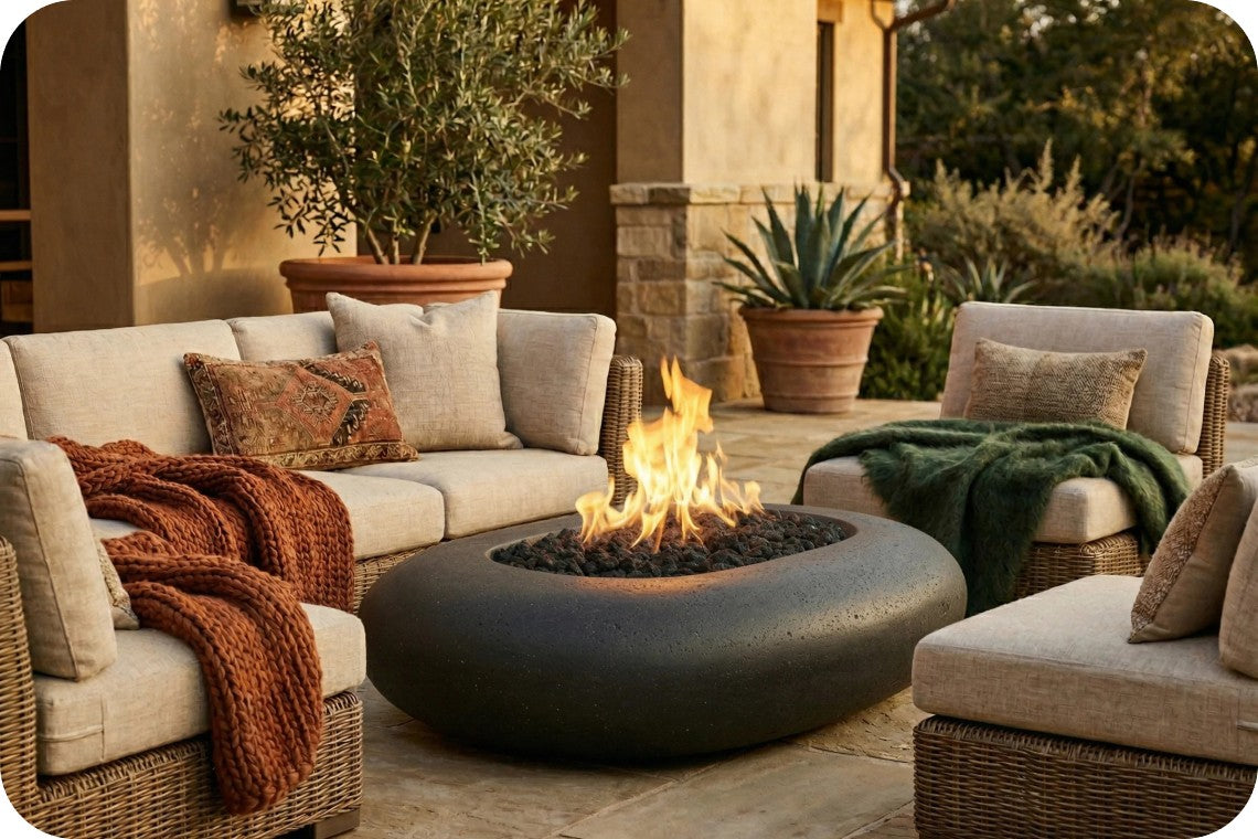 Outdoor patio seating arrangement with a round dark fire pit table in the center, surrounded by beige upholstered wicker chairs and a sofa with patterned pillows and throw blankets, set in a warm residential patio environment.