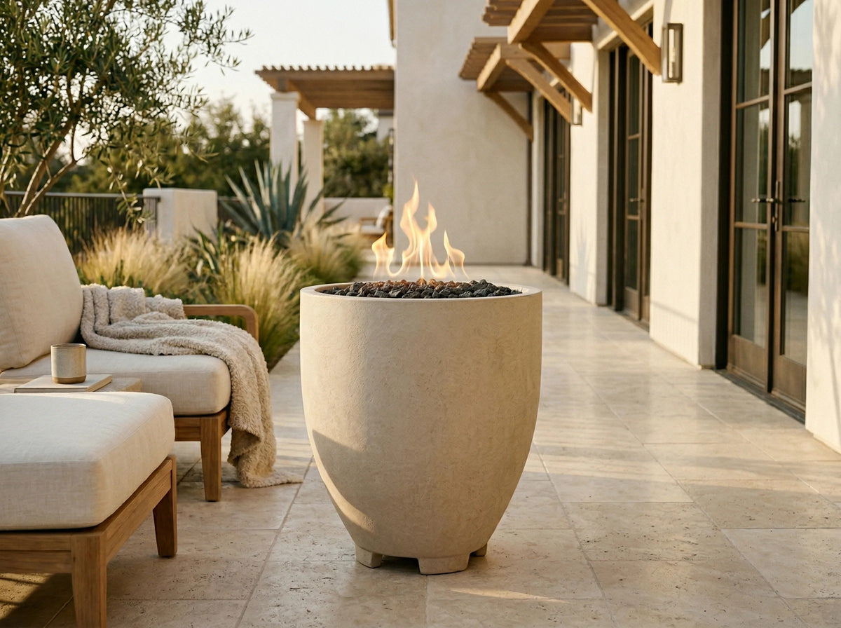 A large beige concrete outdoor fire pit with visible flames and dark stones inside, placed on a stone patio beside a lounge chair in a modern patio setting.