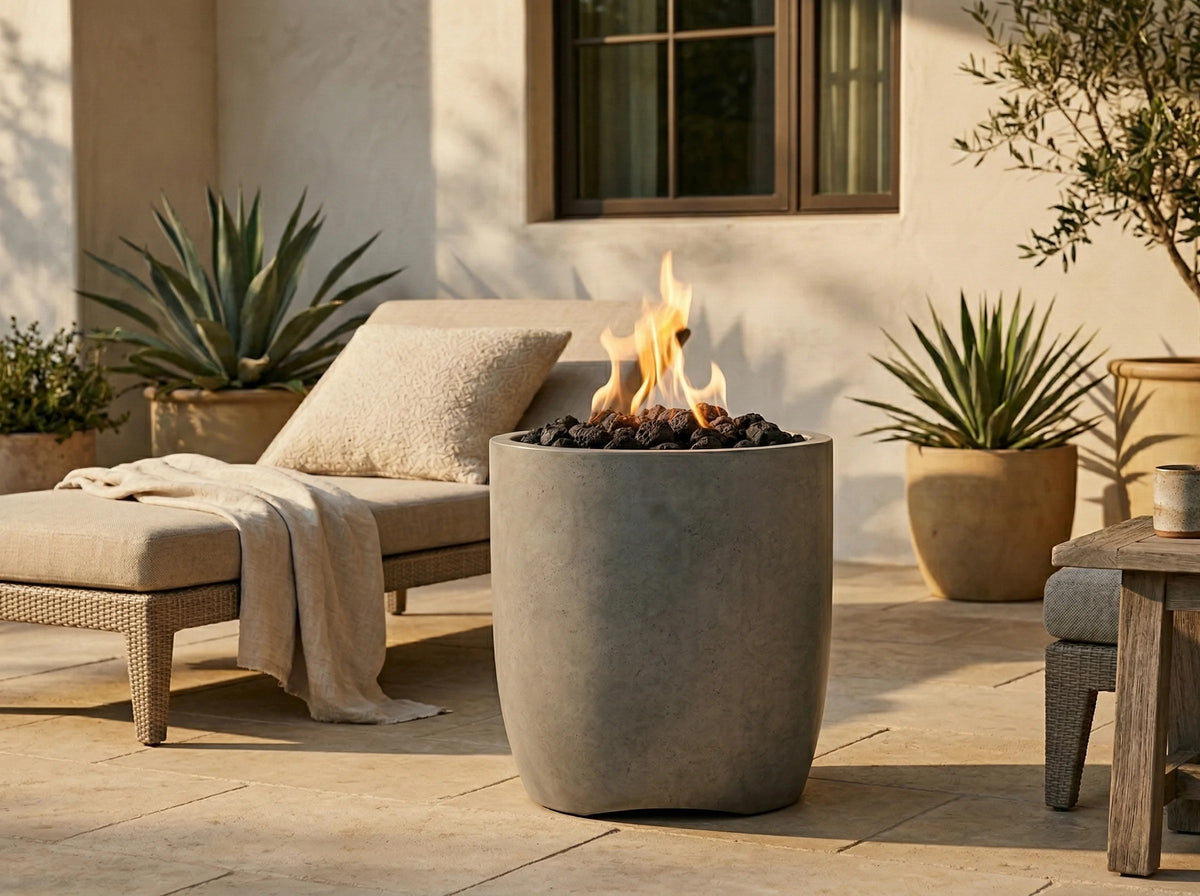 A cylindrical concrete fire pit with a visible flame and black lava rocks, placed on a stone patio beside a beige lounge chair and potted plants.