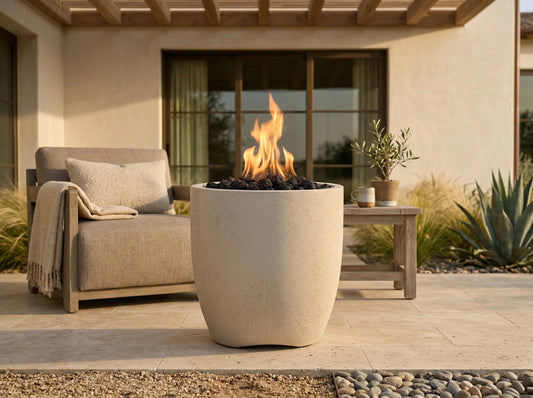 A modern outdoor patio scene featuring a tall, cylindrical concrete fire pit with a glowing orange flame and black stones inside, positioned in front of a beige lounge chair and a small wooden side table.