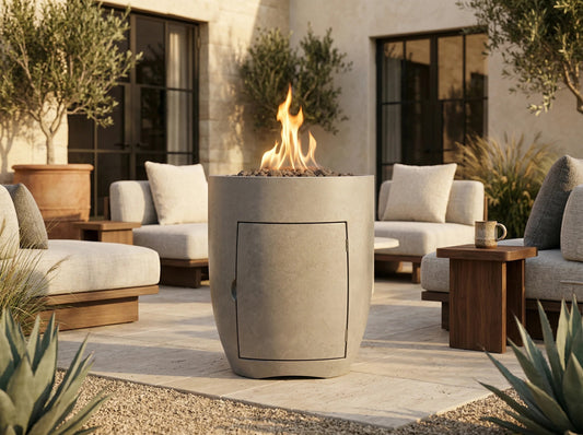 A modern cylindrical outdoor fire pit with a light gray concrete finish and a visible flame, placed on a patio in a styled seating area with sofas, side tables, plants, and a stucco building in the background.