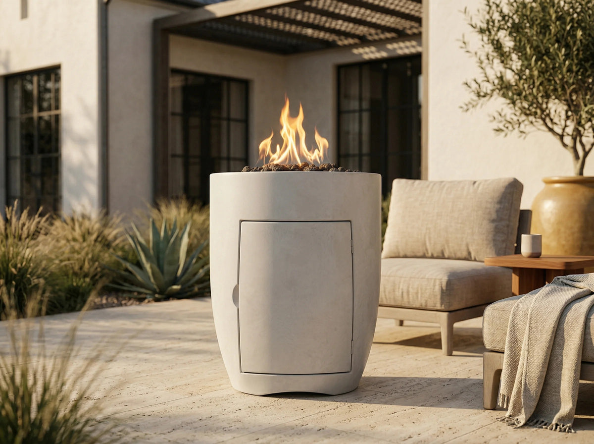 A modern outdoor fire pit with a cylindrical concrete-like body and visible flames, placed on a patio beside a cushioned lounge chair and house exterior.