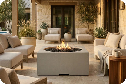 A modern concrete fire pit table with a visible flame, centered on a stone patio surrounded by beige outdoor seating, plants, and a house facade.
