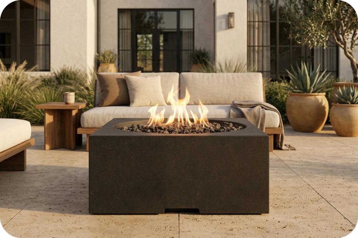 A rectangular outdoor fire pit table with a dark charcoal finish stands on a patio in front of a modern sofa, with flames burning in the top opening.
