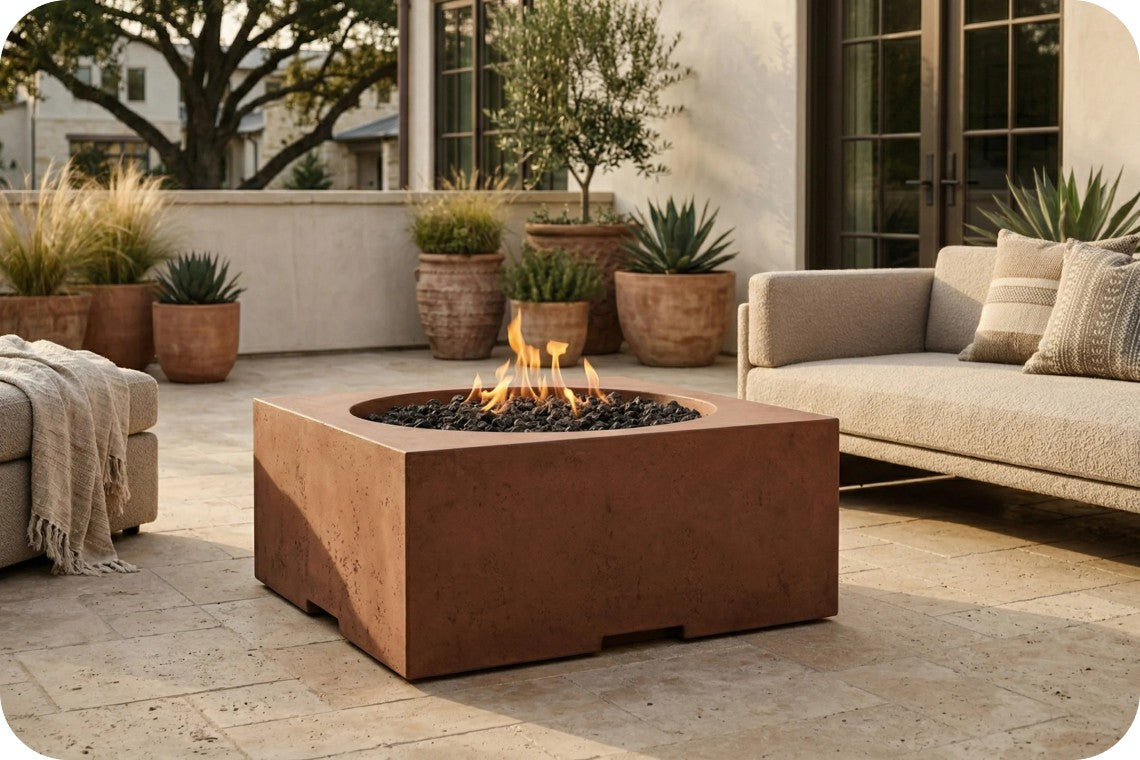 A square concrete fire pit table with a warm rust-brown finish, containing active flames and dark river rocks, set on a stone patio next to a beige outdoor sofa with potted plants in the background.
