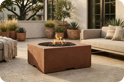 A square concrete fire pit table with a warm rust-brown finish, containing active flames and dark river rocks, set on a stone patio next to a beige outdoor sofa with potted plants in the background.