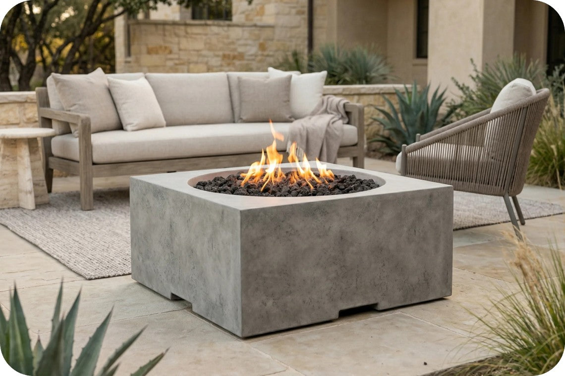 A square concrete fire pit table with a burning fire, set on a stone patio in an outdoor patio lifestyle scene with a beige sofa and a wicker armchair.