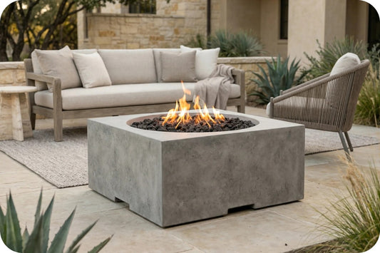 A square concrete fire pit table with a burning fire, set on a stone patio in an outdoor patio lifestyle scene with a beige sofa and a wicker armchair.