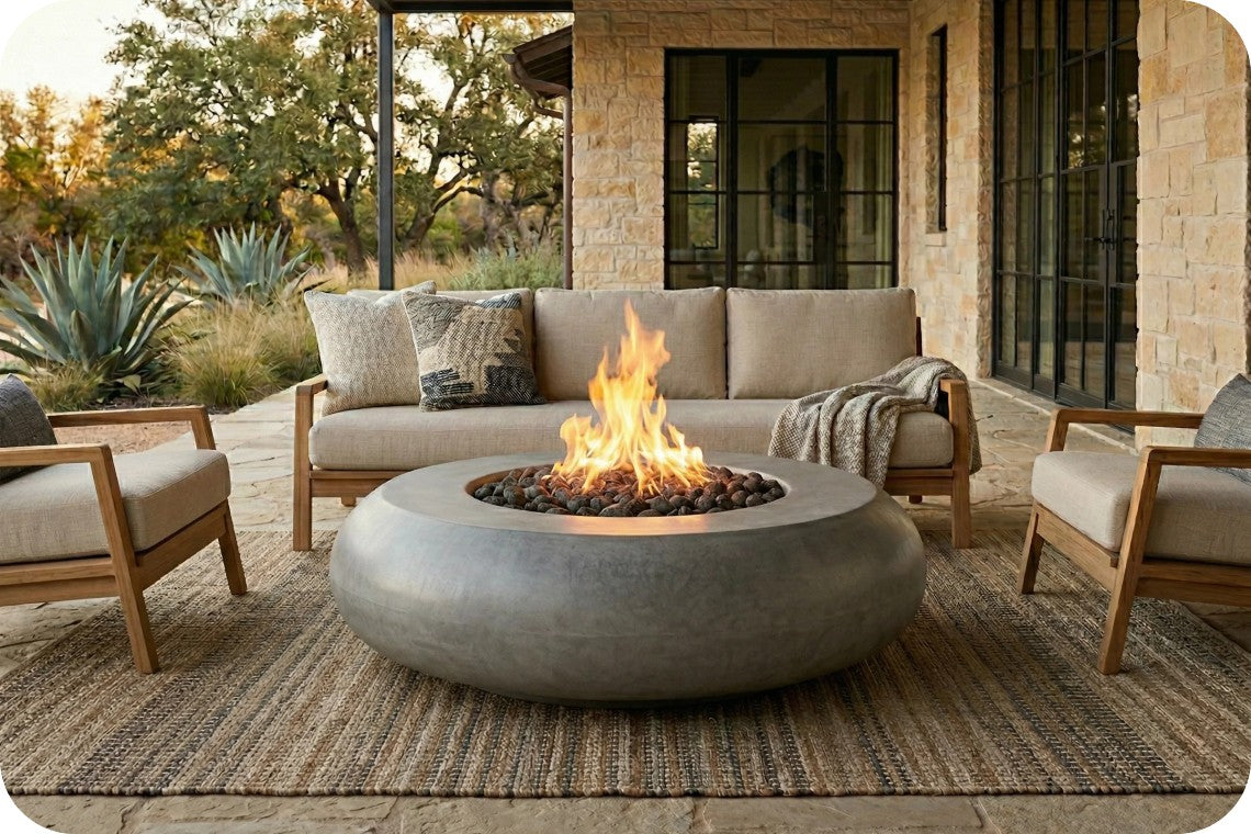 Outdoor patio furniture set with a round concrete fire pit in the center, a beige cushioned sofa, two matching armchairs, and a woven area rug in front of a stone house.