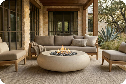 Outdoor patio furniture set including a round concrete fire pit with flames, a beige sectional sofa with wooden frames, two matching armchairs, and a textured area rug on a covered porch.