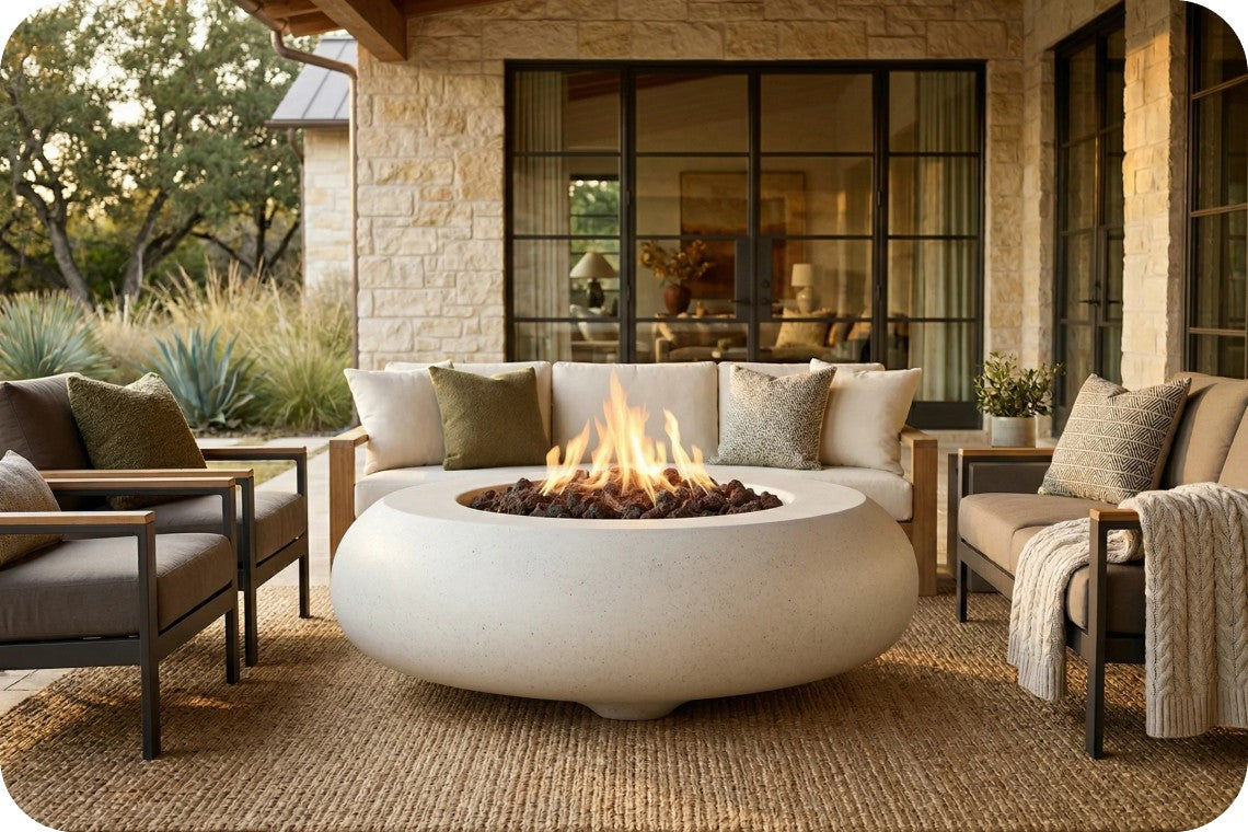 Outdoor patio furniture set featuring a round concrete fire pit with a visible flame, surrounded by a curved sofa and two armchairs with neutral-toned cushions and a throw blanket, set on a woven rug in front of a stone house.