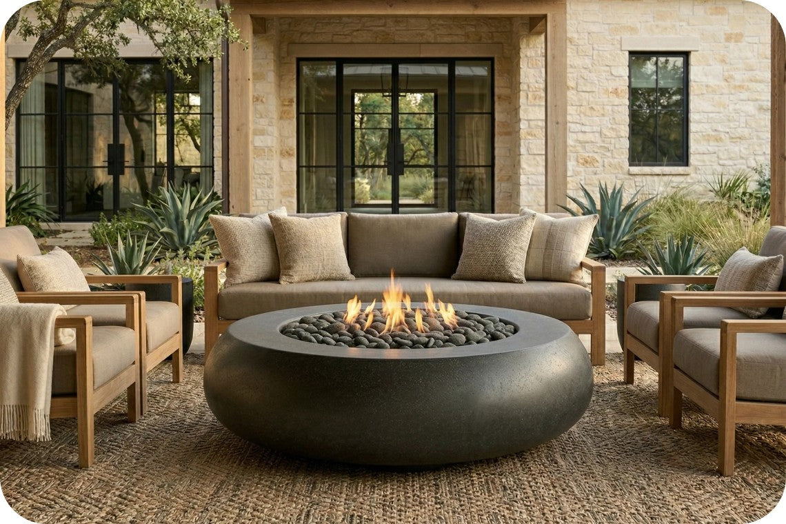 Outdoor patio furniture set featuring a round dark gray fire pit table with a lit flame, a beige sofa, two matching armchairs, and a woven area rug in front of a stone house.