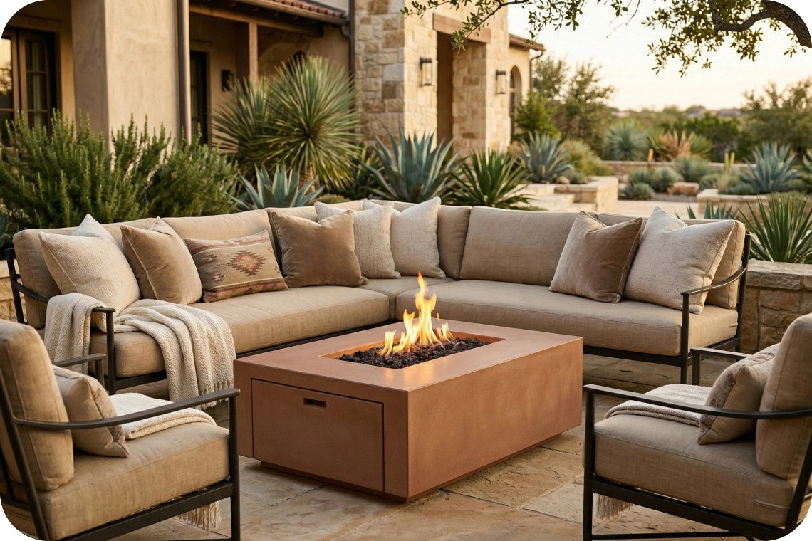 Outdoor patio furniture set with a sectional sofa, two matching armchairs, and a rectangular fire pit table in a landscaped backyard setting.