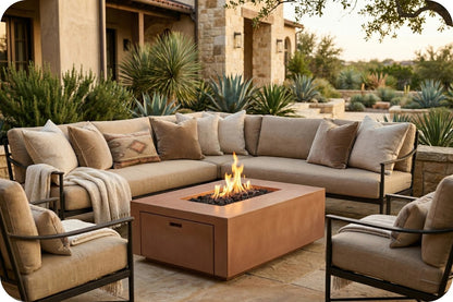 Outdoor patio furniture set with a sectional sofa, two matching armchairs, and a rectangular fire pit table in a landscaped backyard setting.